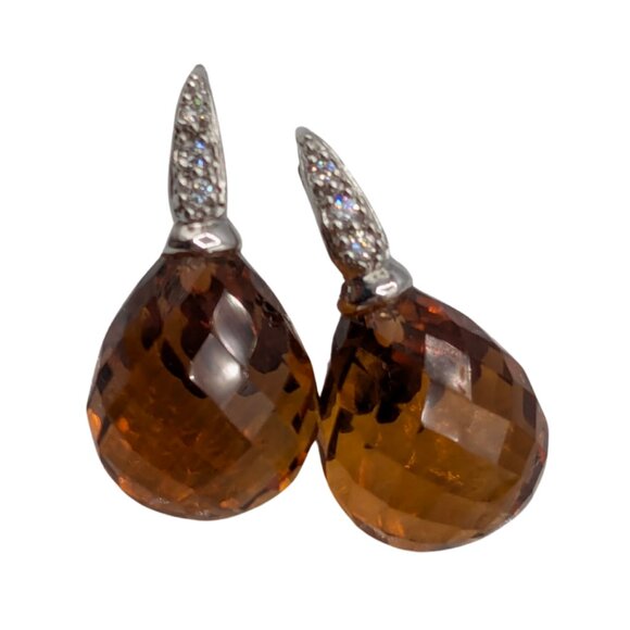 Faceted Natural Amber Teardrop Earrings Silver Leverback with Crystals - Picture 1 of 9